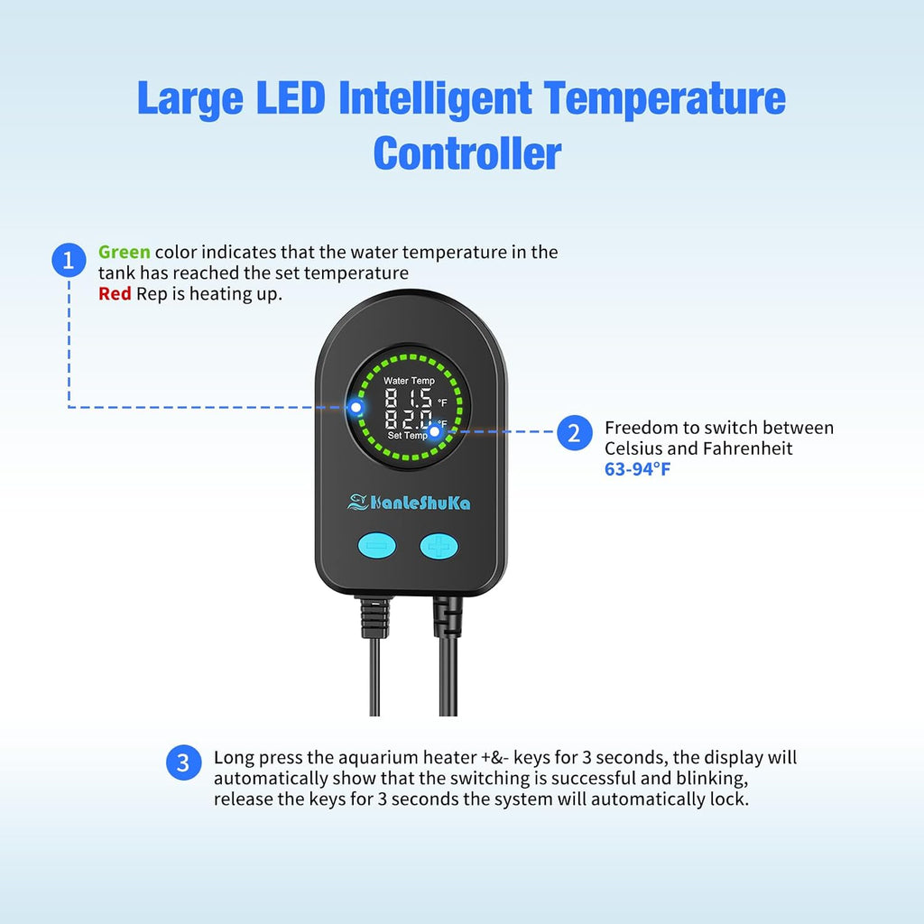 100W Submersible Fish Tank Heater for 10-20 Gallon with Auto Shut-Off When Leaving Water—Aquarium Heater, Dry-Burn &