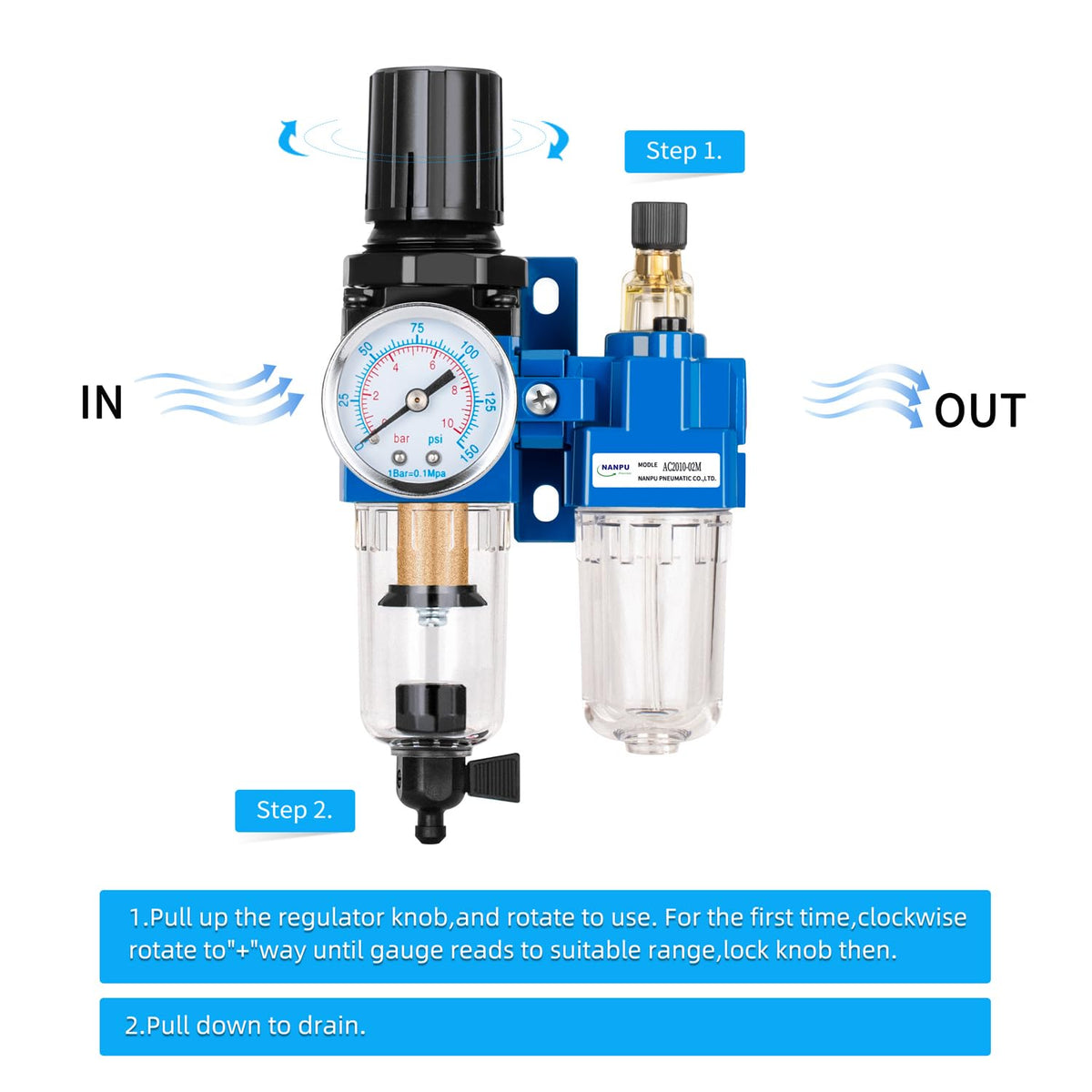 NANPU 1/4" NPT Air Filter Regulator Lubricator Combo, Manual Drain