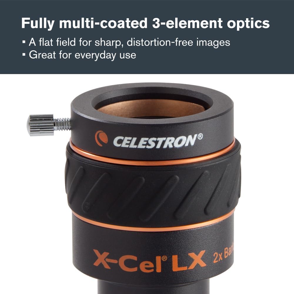 X-Cel LX 2X Barlow Lens for Telescope Eyepieces – 1.25" | Doubles Eyepiece Magnification, Fully Multi-Coated Optics
