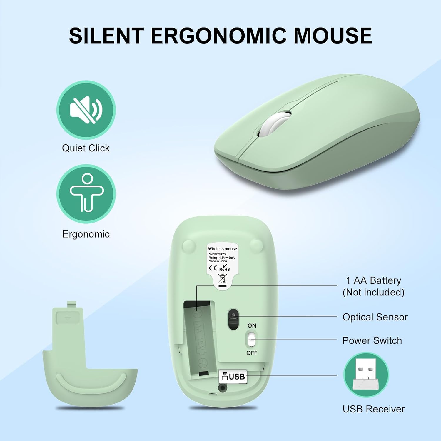 Wireless Keyboard and Mouse Combo, Full-Size Silent Ergonomic Keyboard and Optical Mouse, Long Battery Life, 2.4G