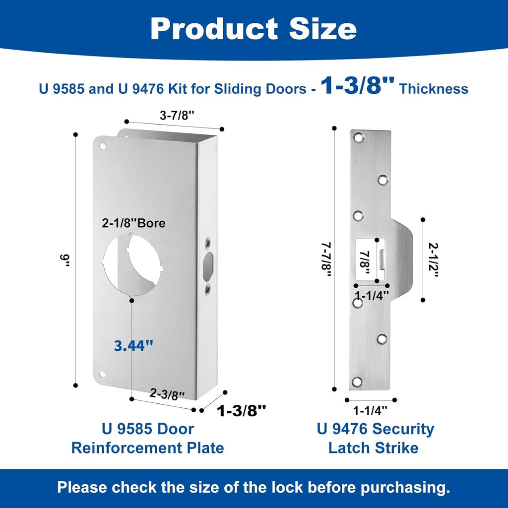 U9585 Door Reinforcement Plate & U9476 Latch Strike for 1-3/8" Thick Doors | Fits 2-3/8" (60mm) backsets,Stainless
