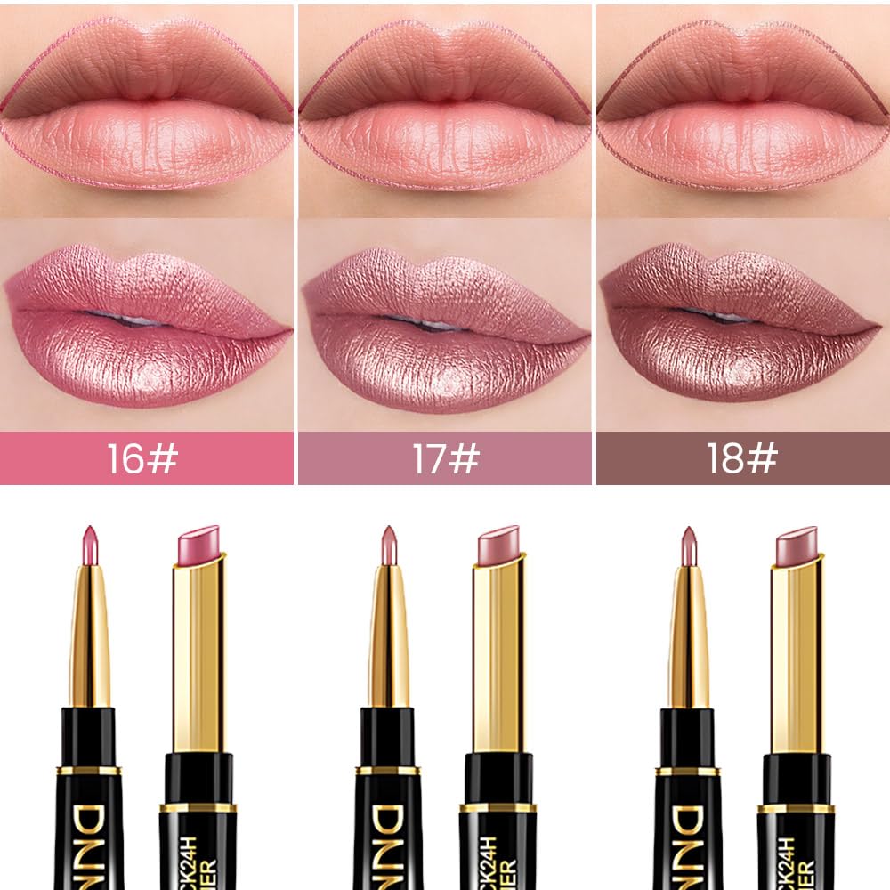 3Pcs Light Pink Nude Brown Metallic Shine Shimmer Lip Liner and Lipstick Combo Set Kit for Women, Lightweight