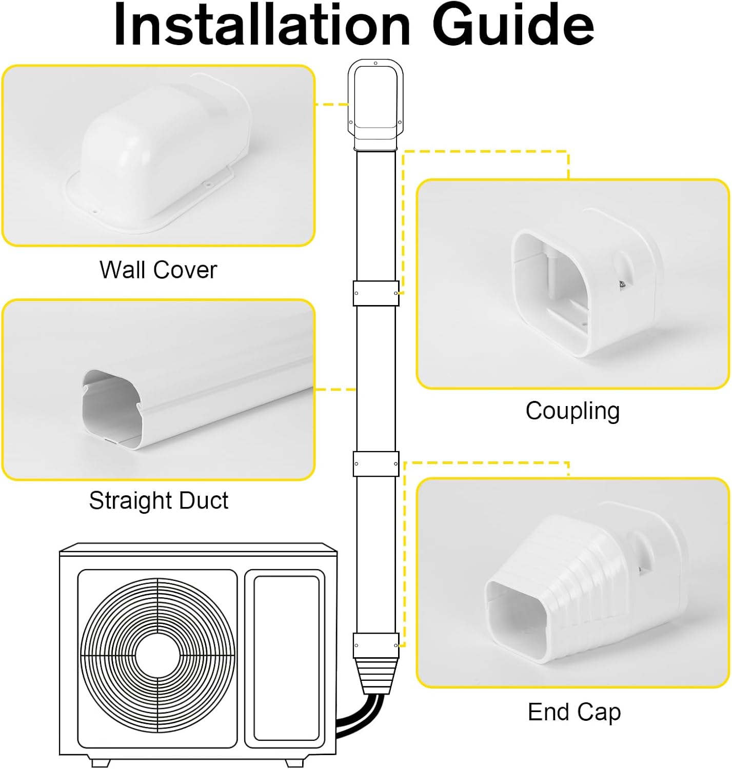 3" 7.5 ft Mini Split Line Set Cover, AC Lineset Cover Kit for Outside Unit | Decorative PVC Paintable Line Cover Kit