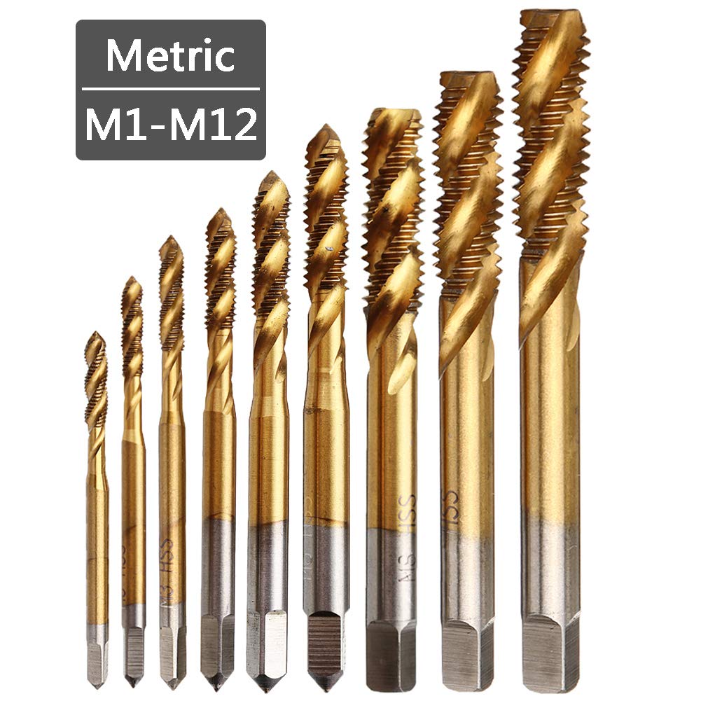 Yakamoz Spiral Flute Tap Set, 9Pcs HSS Titanium Metric M2-M12