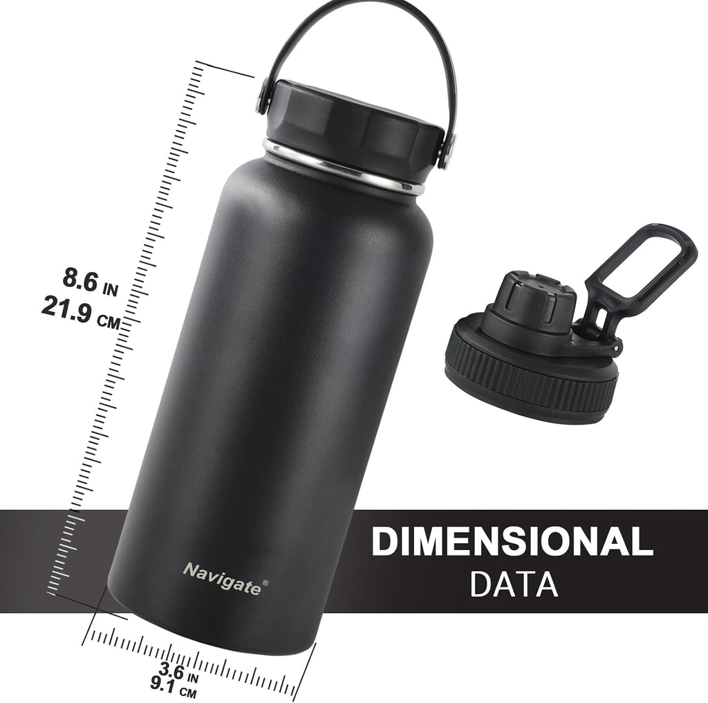 32oz Insulated Water Bottle for Sports, Keep Cold 24H | 2-in-1 Spout and Handle Lids, Double Leak-Proof, 18/8