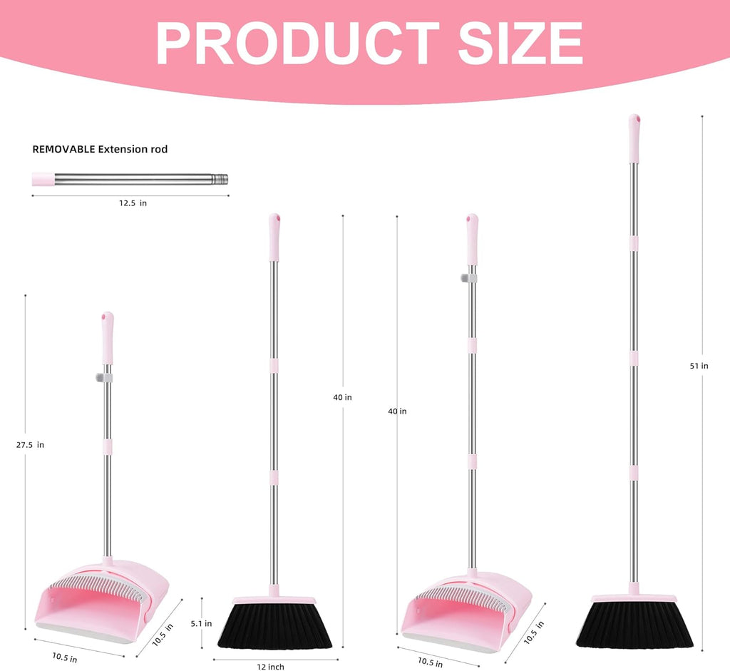 Broom and Dustpan Set for Home, 52” Long Handle Broom with Dustpan Combo Set with Dust Pan Teeth to Clean Hair