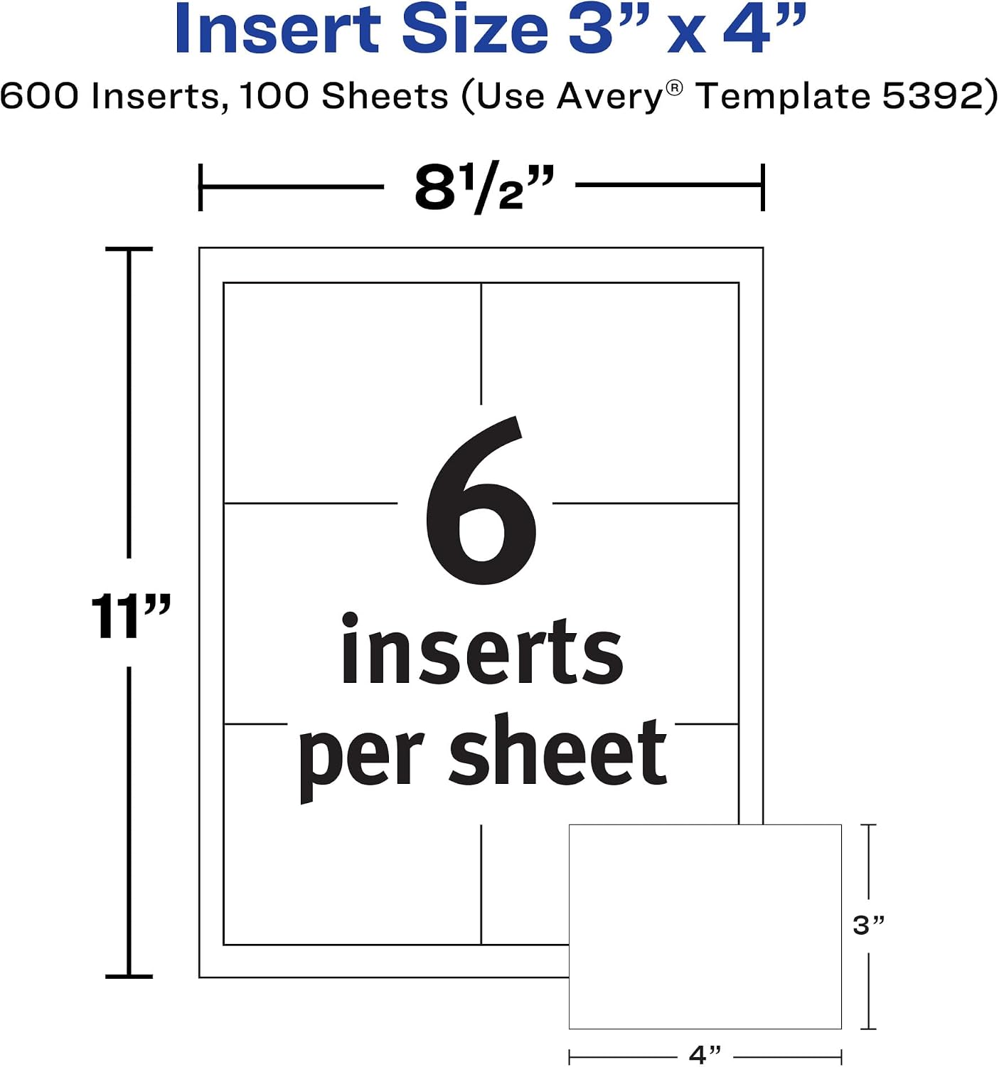 Customizable Name Badge Inserts, 3" x 4", White, 2 Packs of 300, 600 Printable Name Tag Inserts Total (35392) | 2