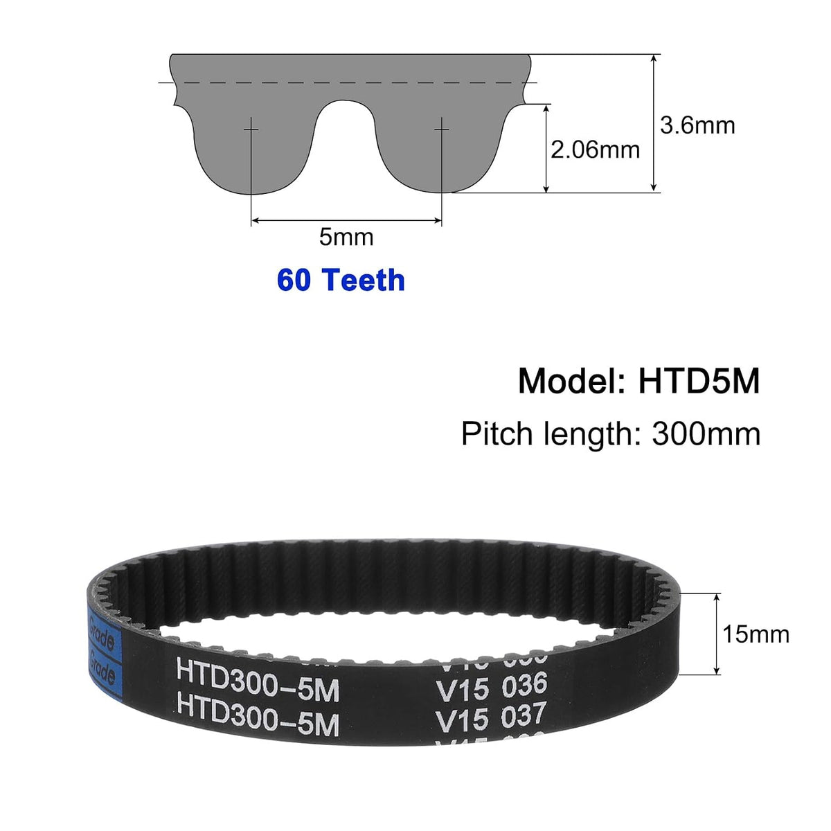 uxcell 3pcs HTD-5M Rubber Timing Belt 60 Teeth, 300mm Pitch Length x 15mm Width x 3.6mm Height, Closed Loop Pulley Timing Belt