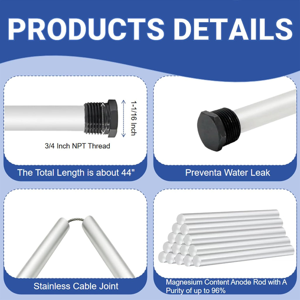 44" Flexible Magnesium Anode Rod for Hot Water Heater Includes Socket, Tape
