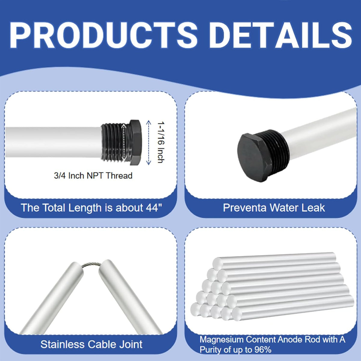 44" Flexible Magnesium Anode Rod for Hot Water Heater Includes Socket, Tape
