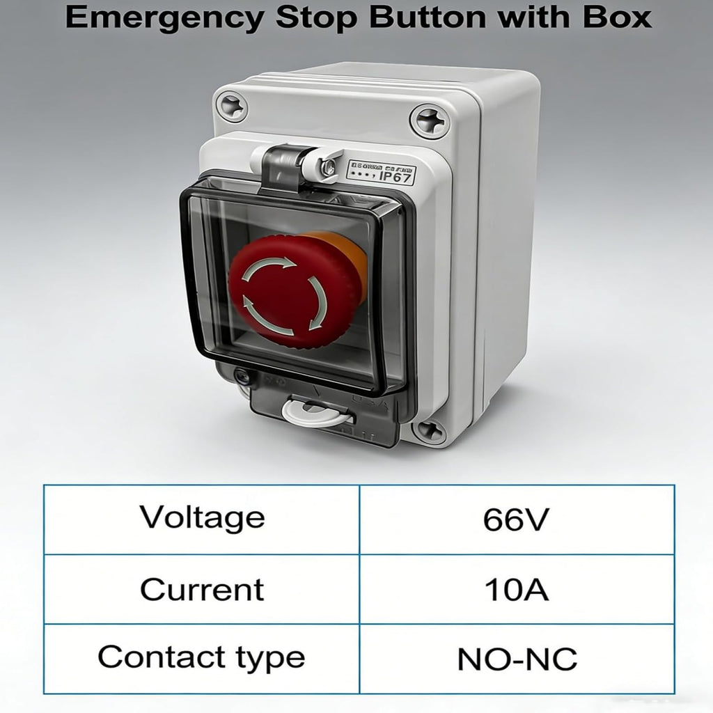Emergency Stop Button with Weatherproof Box, 660V 10A, IP67 Rated, Emergency Shut Off Switch, E-Stop Red Push Button Switch