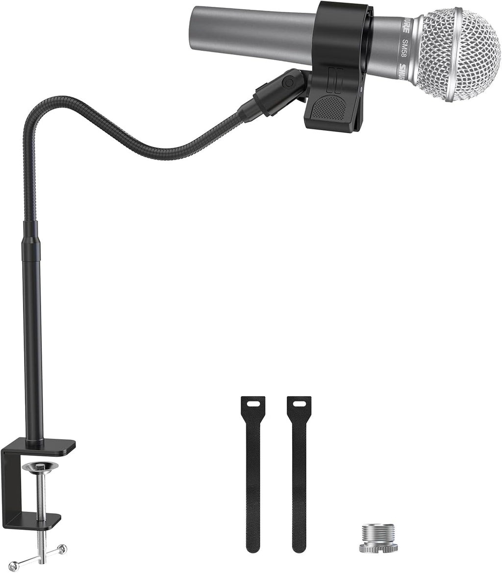 Microphone Stand Gooseneck, 19-Inch Mic Arm Stand with Adjustable Microphone Clip Holder and 3/8" to 5/8" Screw