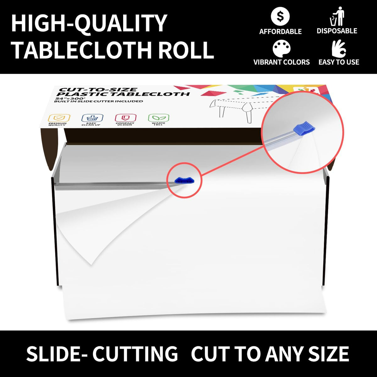 White Plastic Table Cloth Disposable Tablecloth Roll 54 Inch X 300 Feet Plastic Table Cover Roll with Slide Cutter