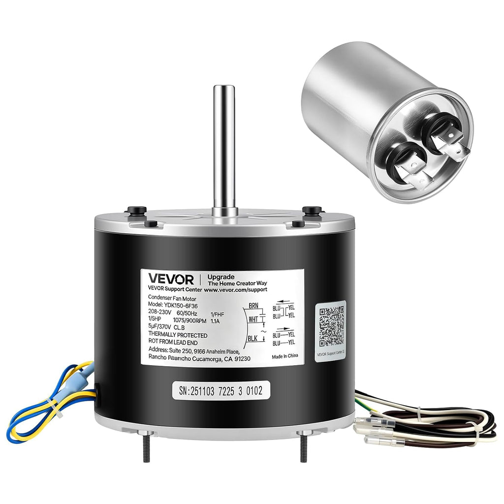 Condenser Fan Motor with Capacitor, 1/5HP 1075/900RPM 208-230V, Replaces 12Y75, 97M49, 100483-02, 43W49, Compatible