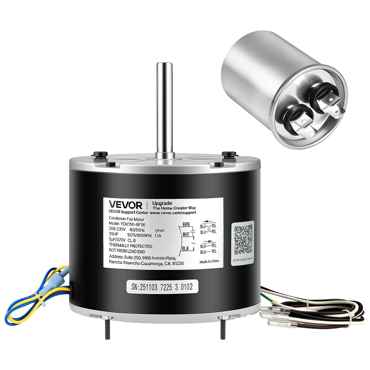 Condenser Fan Motor with Capacitor, 1/5HP 1075/900RPM 208-230V, Replaces 12Y75, 97M49, 100483-02, 43W49, Compatible