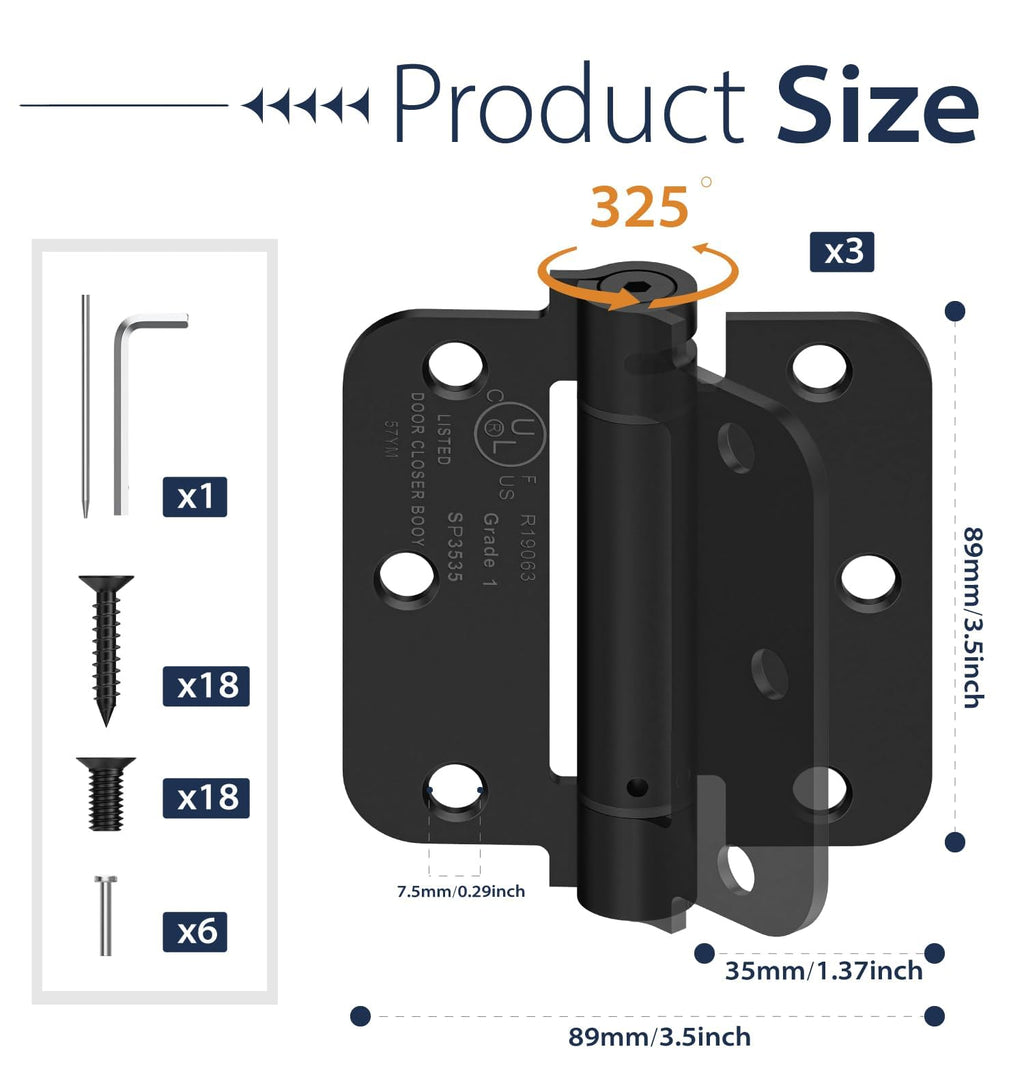 3-Pack 3.5 Inch Self Closing Door Hinges,5/8" Radius Corners,Black