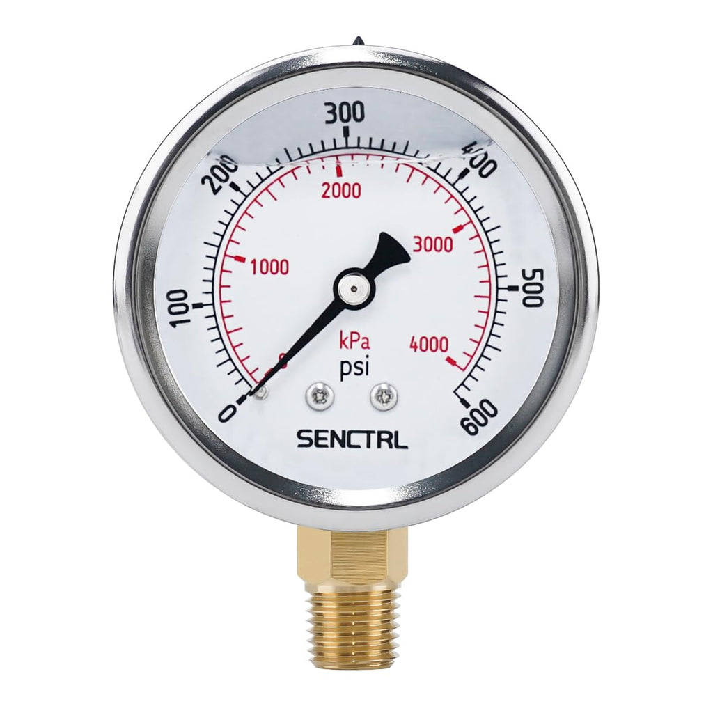 SENCTRL 0-600 Psi Liquid Filled Pressure Gauge, 1/4" NPT Lower Mount