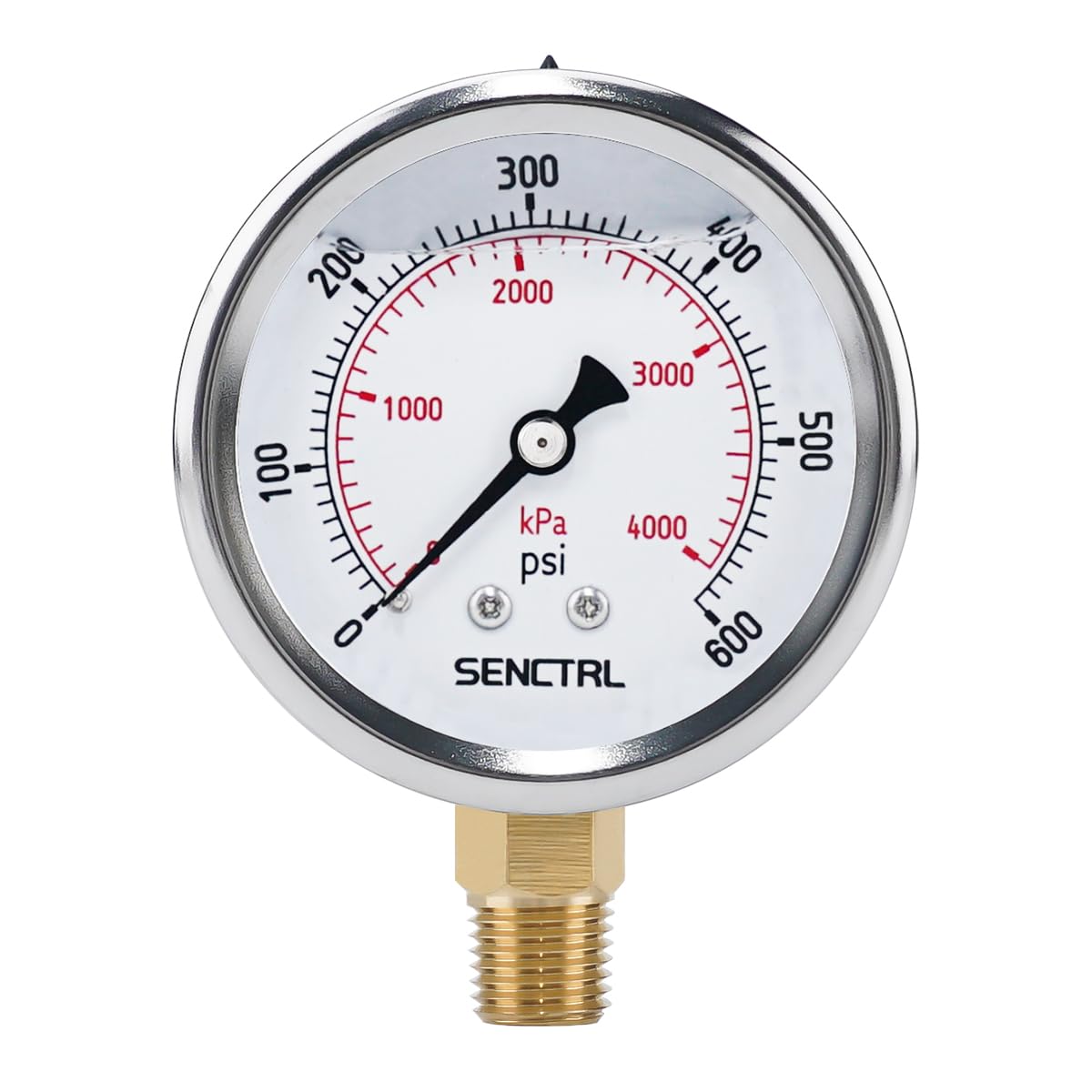 SENCTRL 0-600 Psi Liquid Filled Pressure Gauge, 1/4" NPT Lower Mount