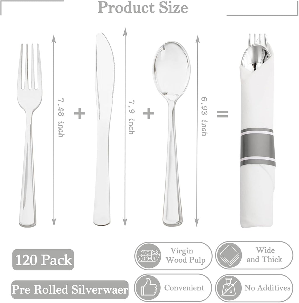 120 Pack Silver Plastic Silverware Wrapped Cutlery Set with Napkin