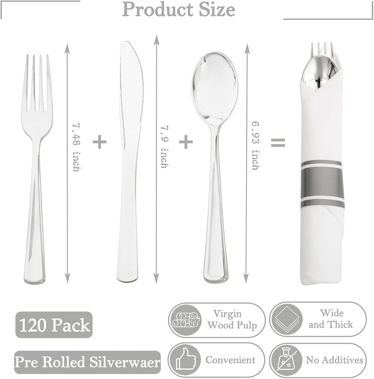 120 Pack Silver Plastic Silverware Wrapped Cutlery Set with Napkin