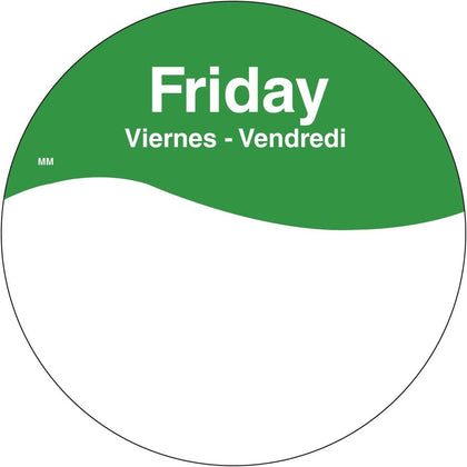 MoveMark IT110108 Day of the Week Trilingual Removable Label, Friday, 3" Circle, Green, Roll of 500
