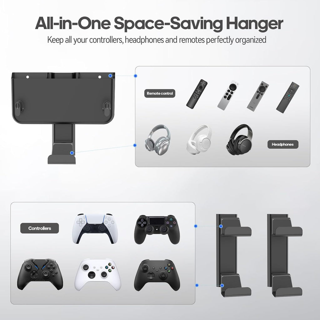 Controller & Headset & Remote Holder Wall Mount with No Drill, 2 Packs Gaming 4 Controllers Hanger Hook Mount for