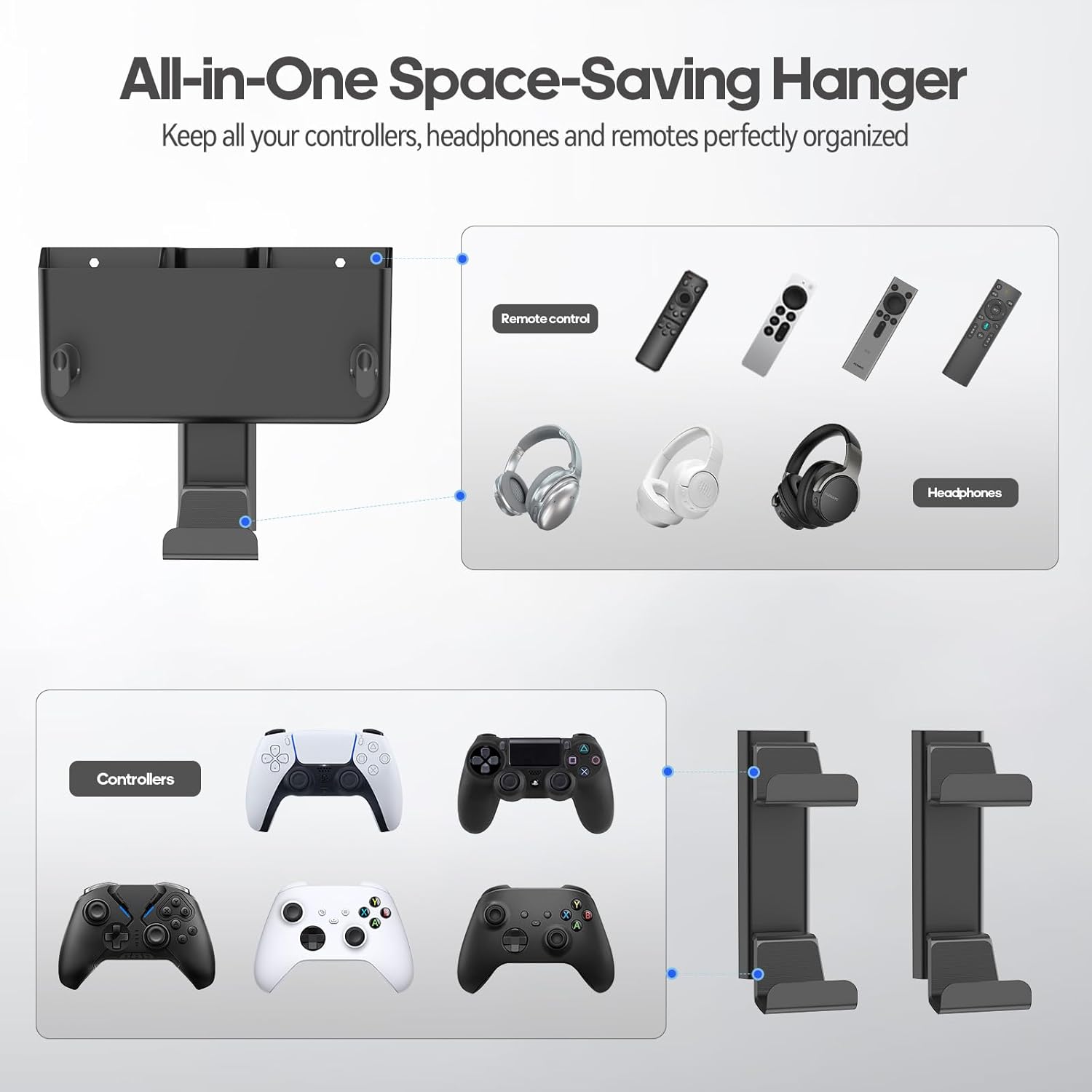 Controller & Headset & Remote Holder Wall Mount with No Drill, 2 Packs Gaming 4 Controllers Hanger Hook Mount for