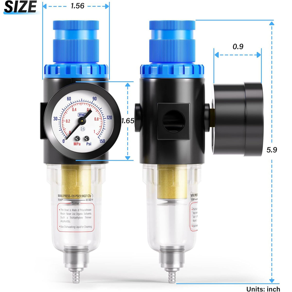 TAILONZ 1/4"NPT Pneumatic Pressure Regulator AFR2000 with Gauge,Blue