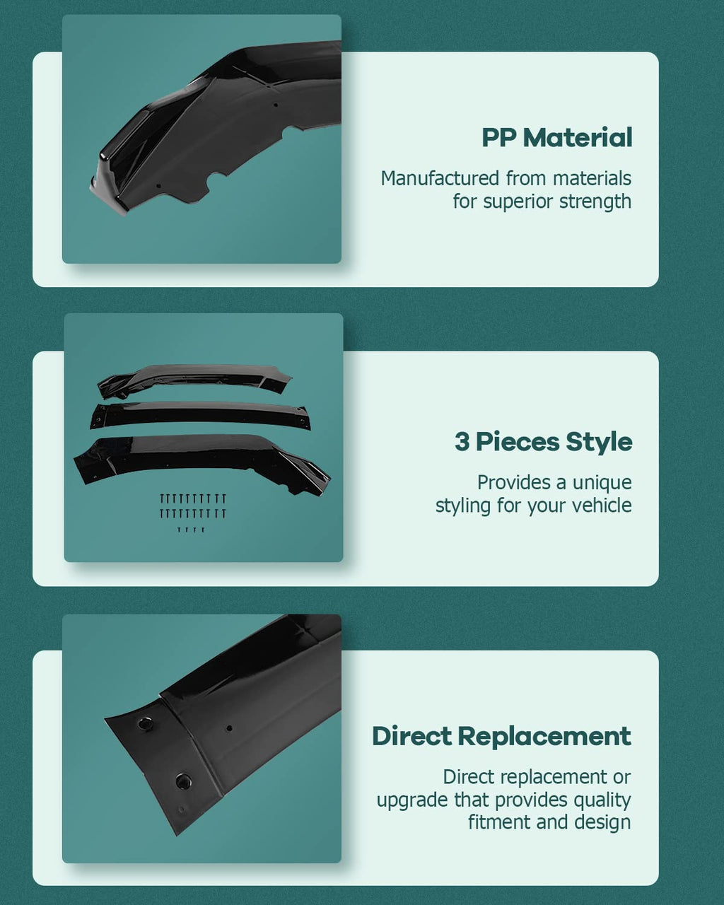 3PCS Black PP Front Bumper Body Kit Spoiler Chin Spoiler