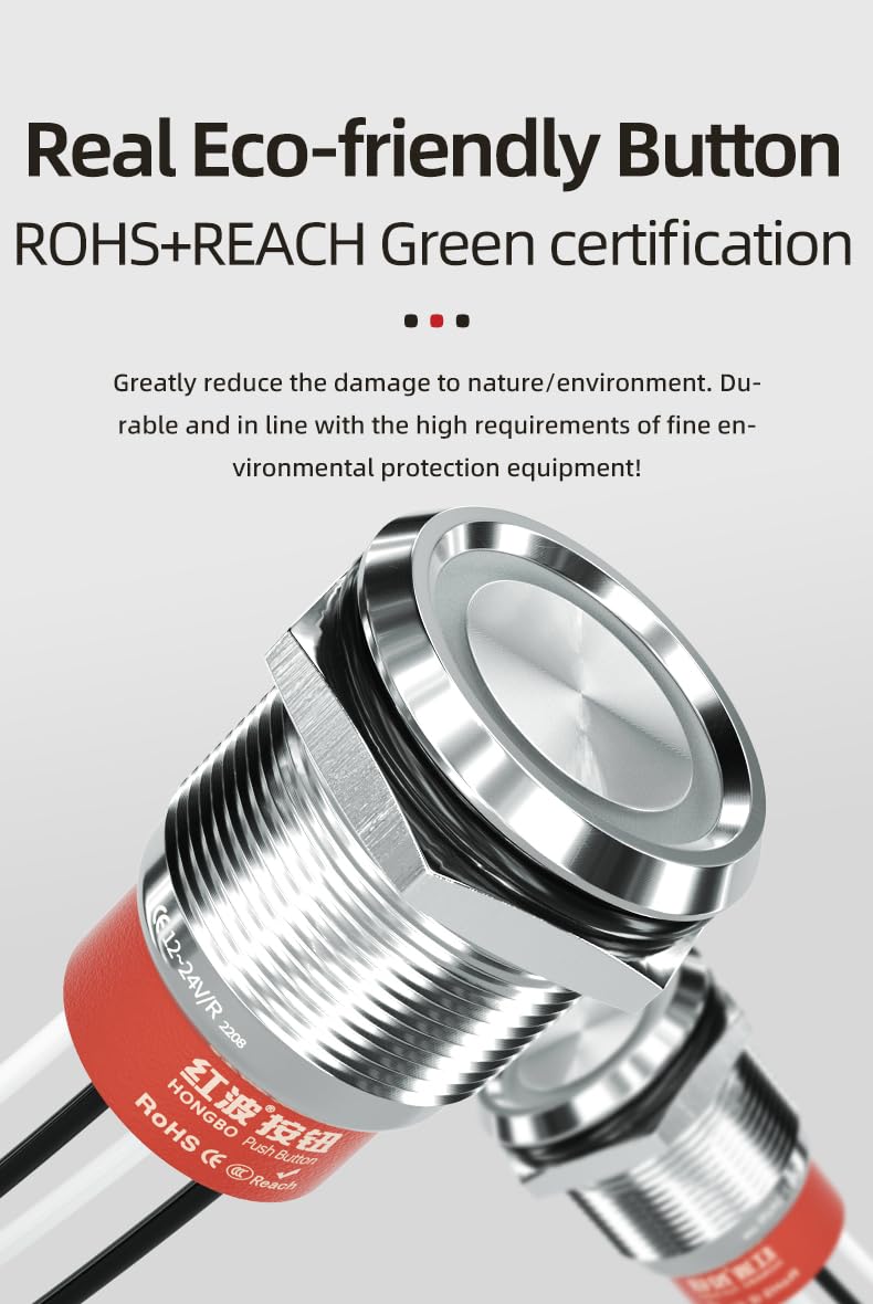 22mm Momentary PushButton Switch, IP67 Waterproof Momentary/Latching Stainless Steel Flat Round Switch with Pre-Wired 20AWG, 10A 250VAC 5A 28VDC, 12V-24V LED Ring (Momentary, Green)