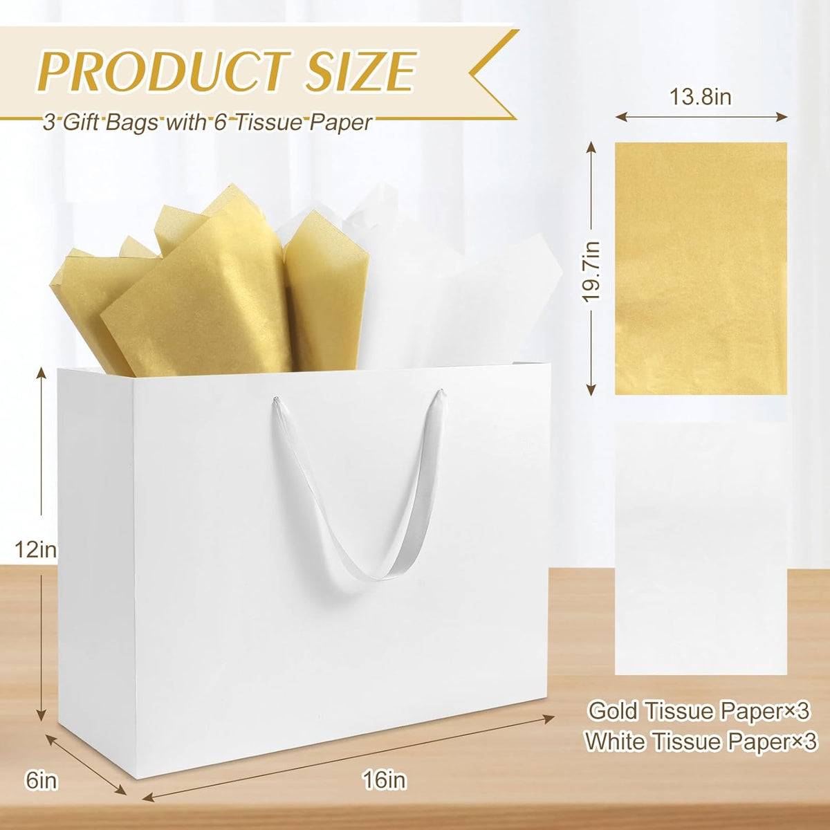 3 Pack Extra Large White Gift Bags with Handles & 6 Tissue Papers