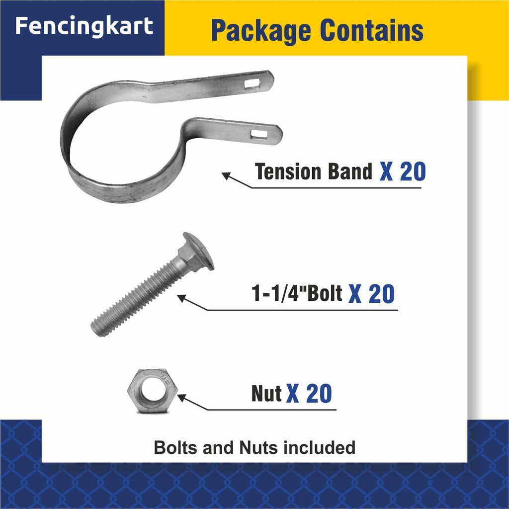 Galvanized Tension Band for Chain Link Fence, 1-5/8" inch, with Nuts & Bolts, 20 Pieces (Silver Galvanized, 1-5/8")