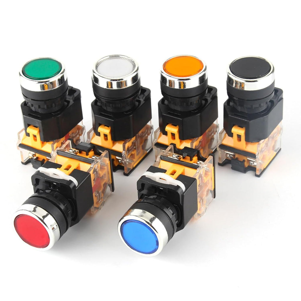 6-Pack 22mm Self Locking Push Button Switch 10A 380V 1NO 1NC DPST LA38-11 Latching Round Pushbutton Switches for Electrical Electronic Applications - Multicolor