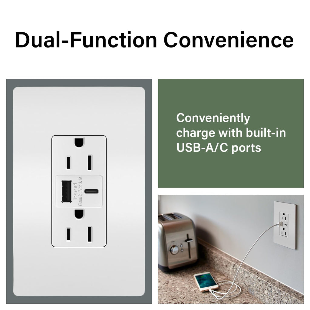 Legrand 15 Amp TR Spec Grade Outlet USB Type A/C White 1 Pack