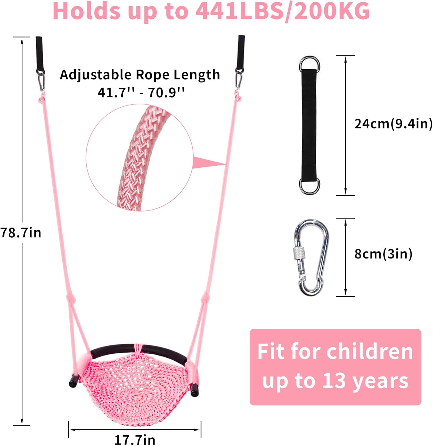 Tree Swing for Kids, Adjustable Toddler Rope Swing Seat with Snap Hooks and Straps, 440 lbs Capacity, Swingset