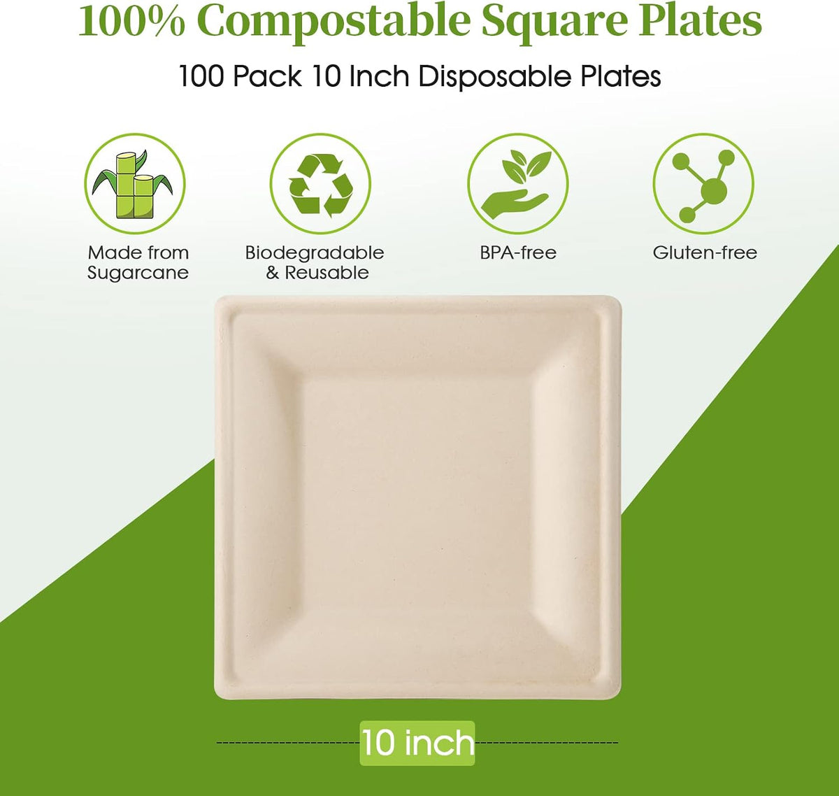 100 Piecs Compostable Square Paper Plates, 10 inch, Nature