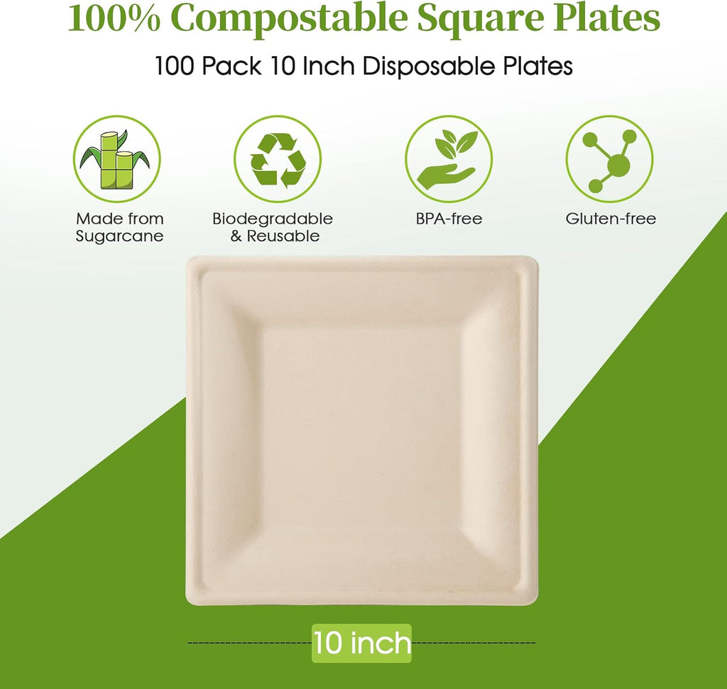 100 Piecs Compostable Square Paper Plates, 10 inch, Nature