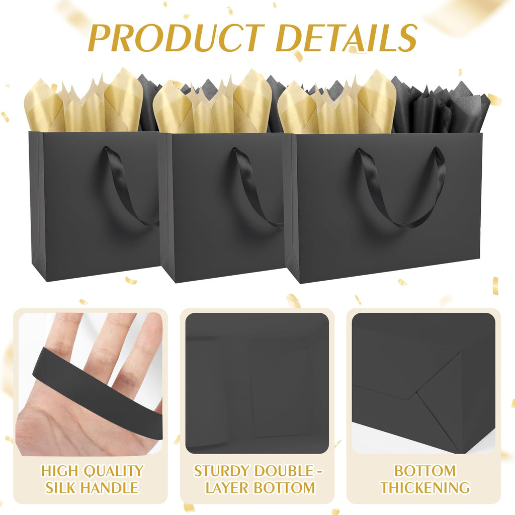 5 Pack Large Black Gift Bags with Handles & 10 Tissue Papers