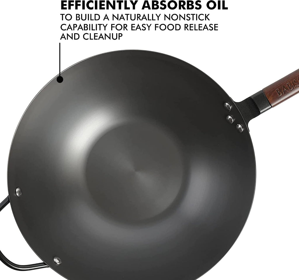 14 Inch Carbon Steel Wok Pan, Flat Bottom Stir Fry Pan, Induction