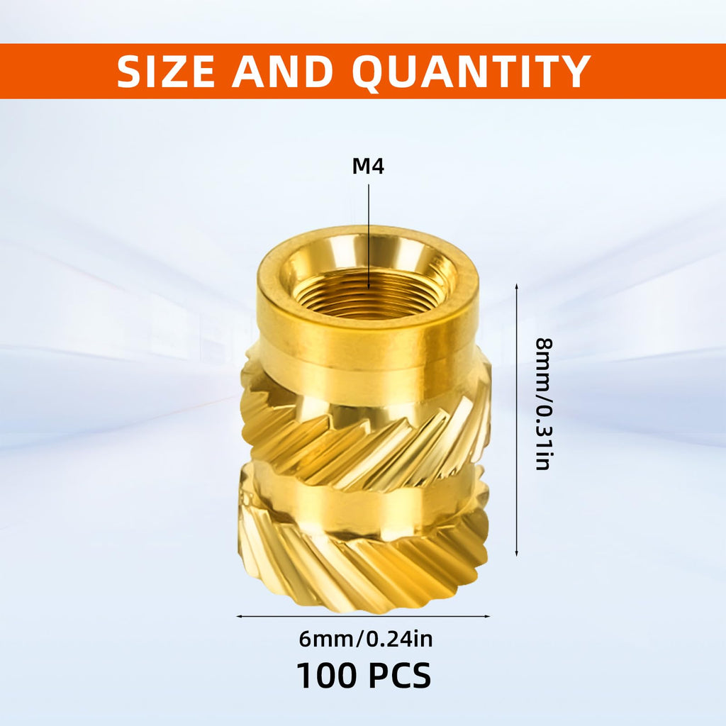 M4 Threaded Inserts, M4 x 8mm x 6mm Metric knurled Nuts, 100 PCS
