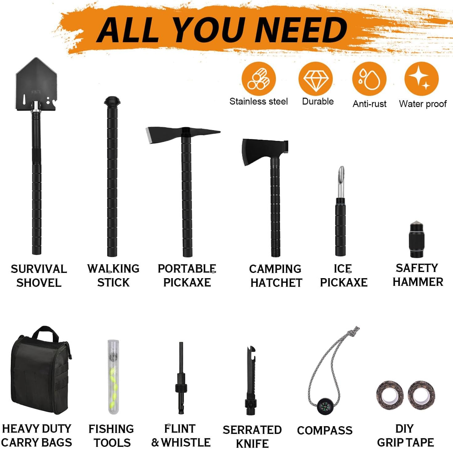 Survival Off-Roading Tool Kit, 19 in 1 Folding Shovel, Camping Axe, Multitool, Pickaxe, with Carrying Bag, for