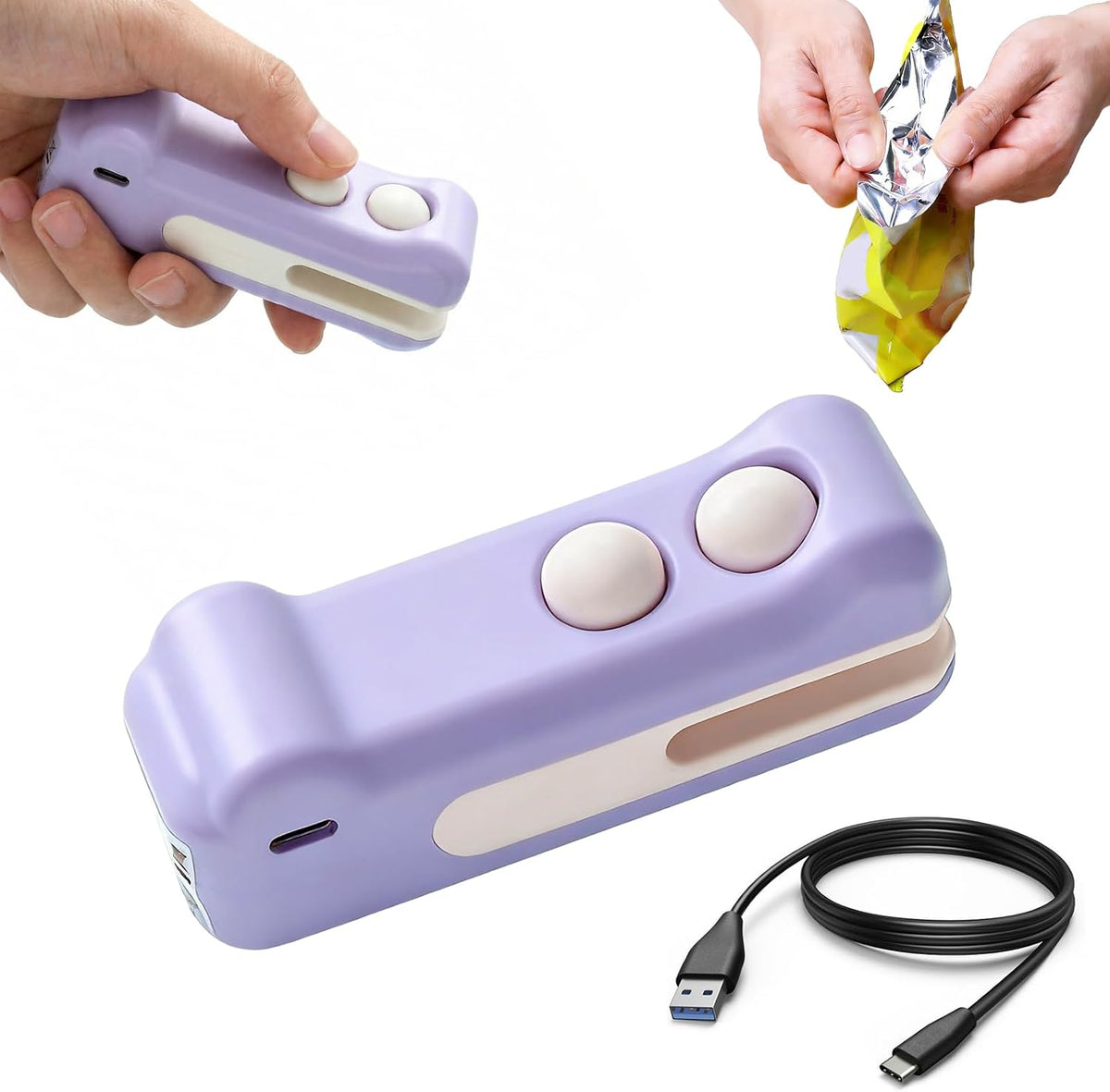 Mini Bag Sealer, 2 in 1 Rechargeable Heat Sealer and Cutter(Purple)