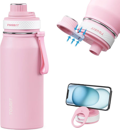 32oz Stainless Steel Wide Mouth Water Bottle, Double-Wall Vacuum Insulation with Spout Lid for Sports and Travel, Pink