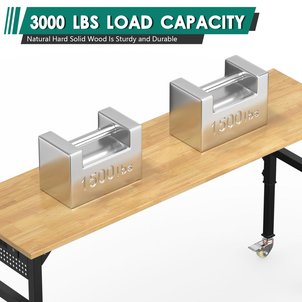 Adjustable Heavy Duty Workbench with Wheels，Rubber Wood Top Working Table, 2500 LBS Load Capacity with for Workshop