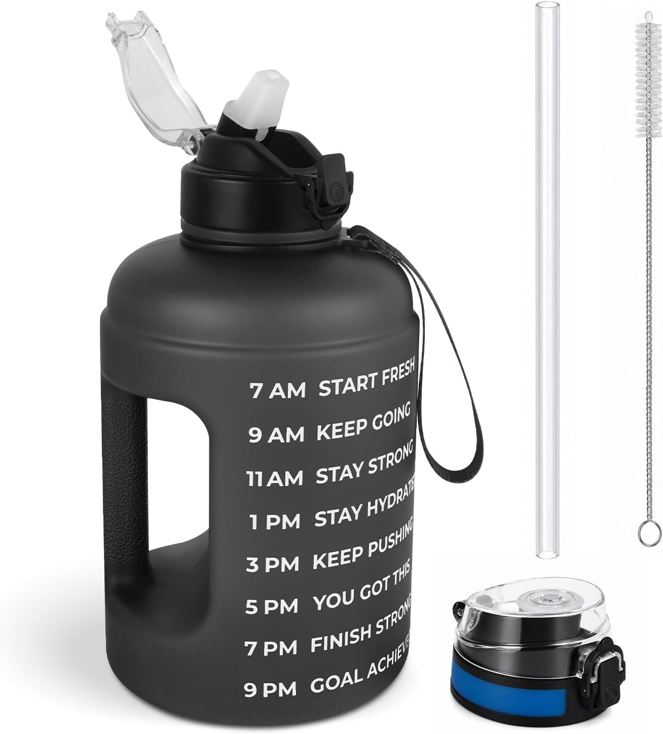 Half Gallon Water Bottle with 2 Lids,Dishwasher Safe,Shatter Resistant,73OZ Large Water Bottle with Time Marker - BPA