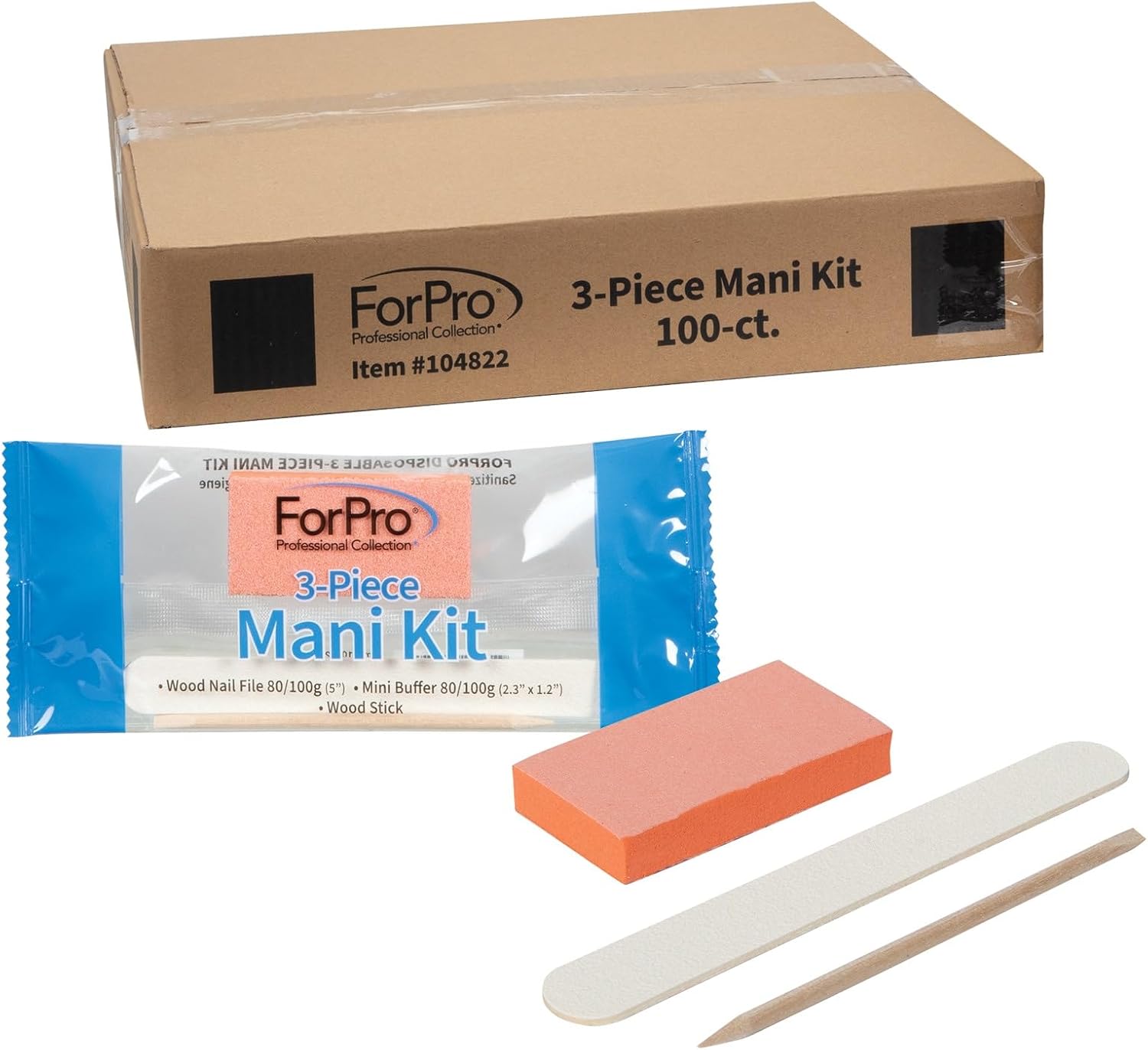 ForPro 3-Piece Mani Kit, 100-Count, Individually-Packed Manicure Set, White Wood Nail File 80/100 Grit, Orange Mini