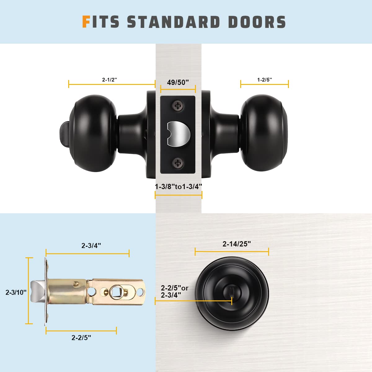 6 Pack Privacy Door Knob for Bathroom or Bedroom Door Knobs, Round Interior Door Knobs, Indoor Door Knob, Keyless