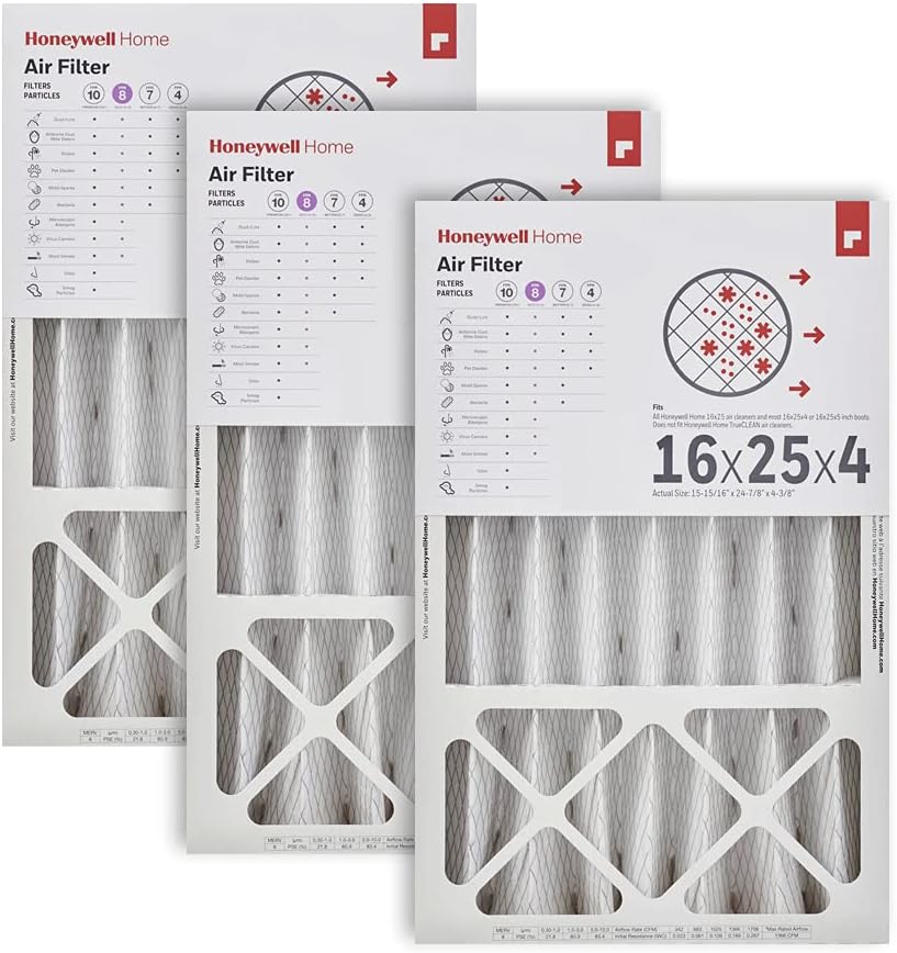 16x25x4 MERV 8, AC Furnace Air Filter, 3 PACK | (CF408F1625-3PKAM) (Actual Dimensions: 15.63 x 24.75 x 4.38 in.)