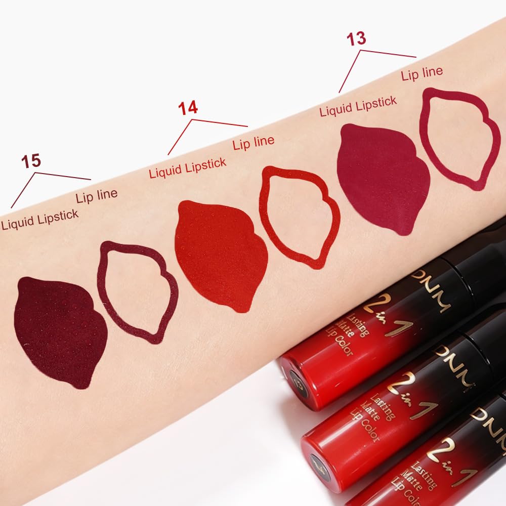 3Pcs Ruby Bright Dark Deep Red Lip Stain Lipstick with Lip Liner, Burgundy Red Matte Lip Liner and Liquid Lipstick