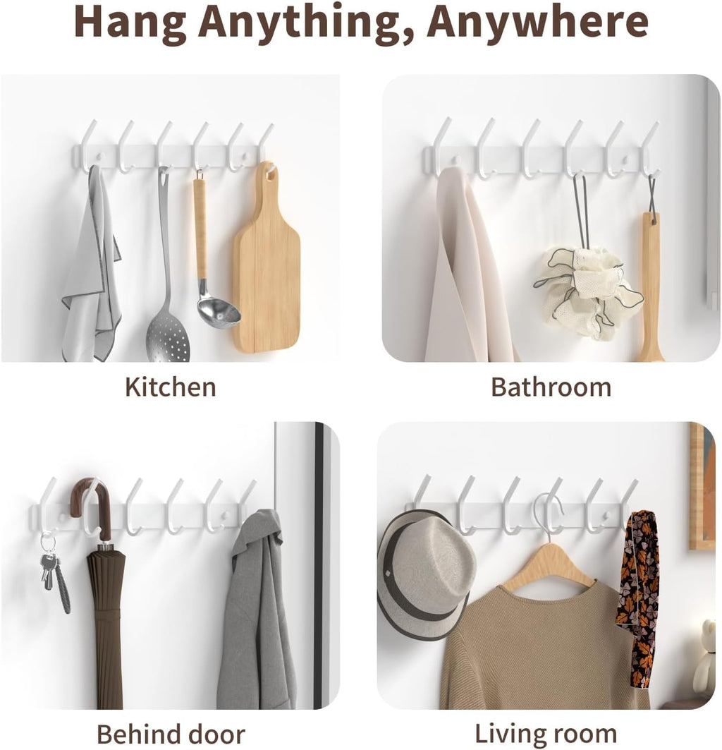Coat Rack Wall Mount Hooks - 15 Inch Matte White Metal 6-Hook Organizer Wall Mounted, Modern Kids Room, Entryway &